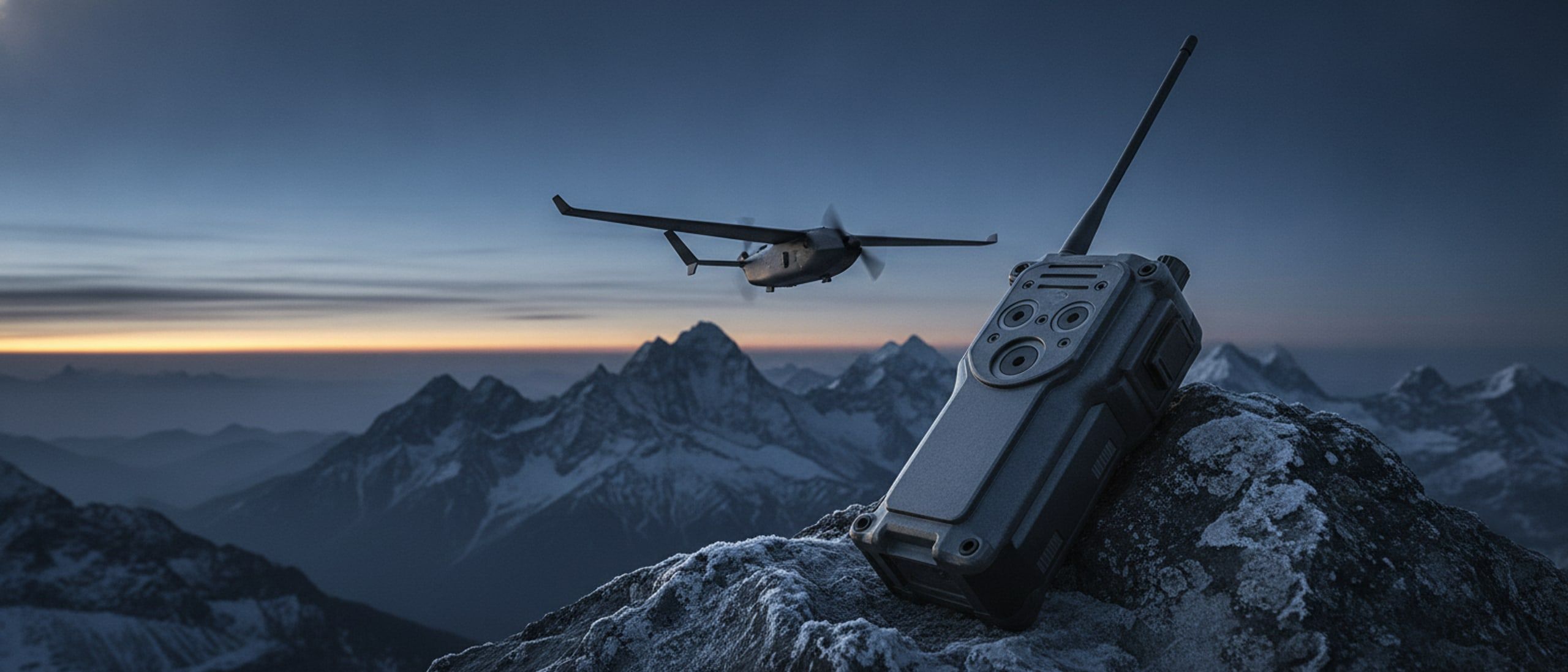 Aerial view over a Himalayan ridgeline at dawn with an unmanned aircraft crossing the frame